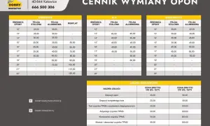 Cennik wymiany opon w Dobrym Warsztacie. Sprawdź, ile kosztuje wymiana opon w zależności od rozmiaru i typu felgi.