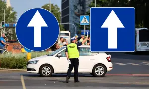 Policjant kieruje ruchem przy znakach "droga jednokierunkowa". Biała Skoda i żółty autobus czekają na zielone światło.