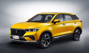 Żółty SUV z grillem w kształcie plastra miodu, jeden z nowych chinskie marki aut.