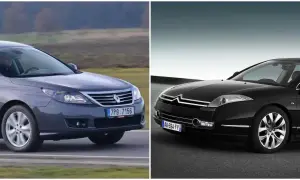 Szary Renault Latitude i czarny Citroen C6 na tle krajobrazu i gradientu.