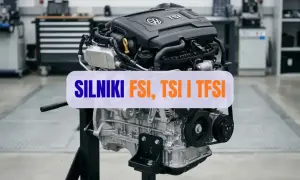 Silnik samochodowy na stojaku, z napisem "SILNIKI FSI, TSI I TFSI".