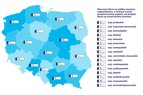 Mapa Polski z literami oznaczającymi województwa, klucz do wj rejestracji pojazdów.