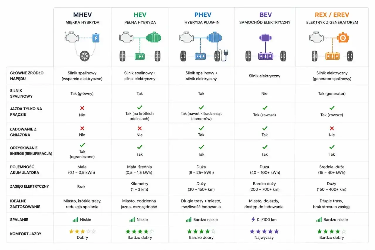 Porównanie typów napędów: MHEV, HEV, PHEV, BEV, REX/EREV. Sprawdź, która hybryda jest dla Ciebie najlepsza!