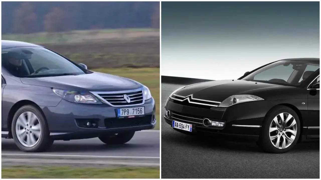 Szary Renault Latitude i czarny Citroen C6 na tle krajobrazu i gradientu.