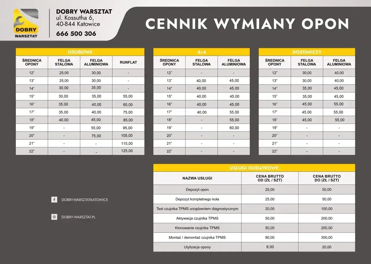 Cennik wymiany opon w Dobrym Warsztacie. Sprawdź, ile kosztuje wymiana opon w zależności od rozmiaru i typu felgi.