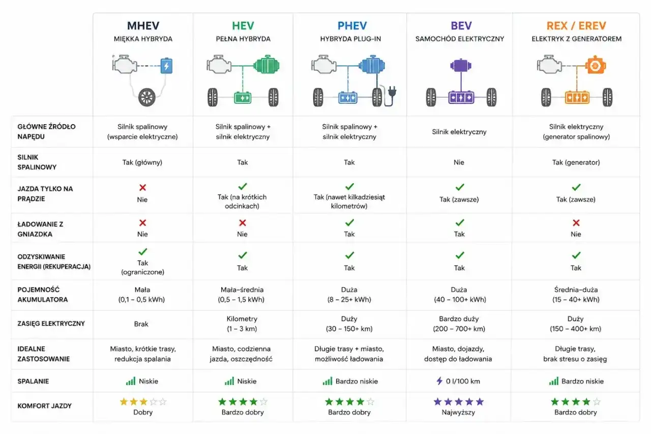 Porównanie typów napędów: MHEV, HEV, PHEV, BEV, REX/EREV. Sprawdź, która hybryda jest dla Ciebie najlepsza!