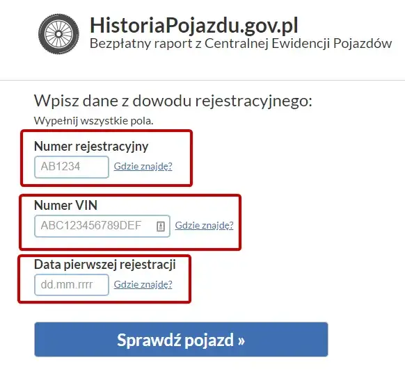 raport historii pojazdu, numer VIN