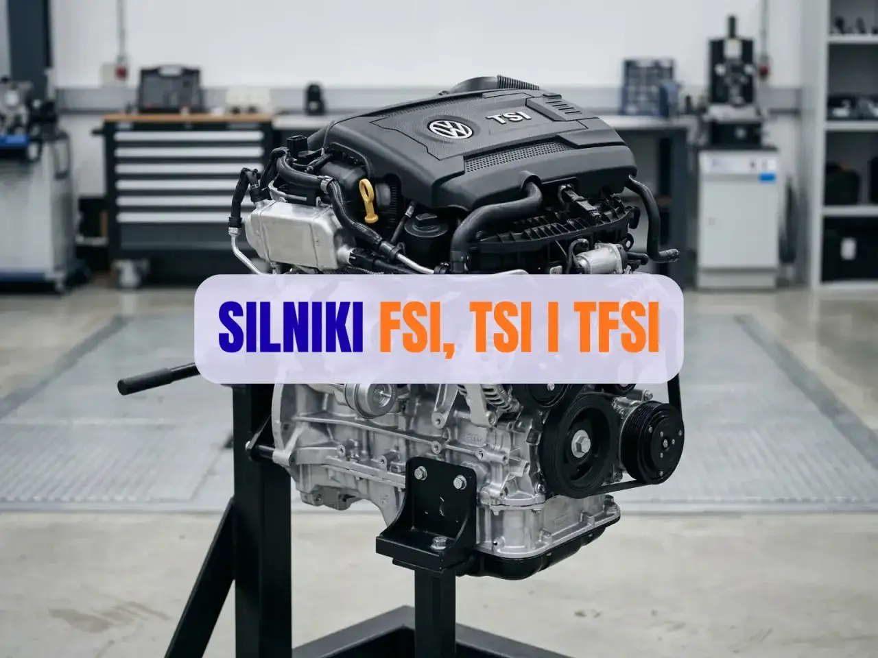 Silnik TFSI marki Volkswagen, prezentowany na stojaku w warsztacie, symbolizuje innowacyjność i moc.