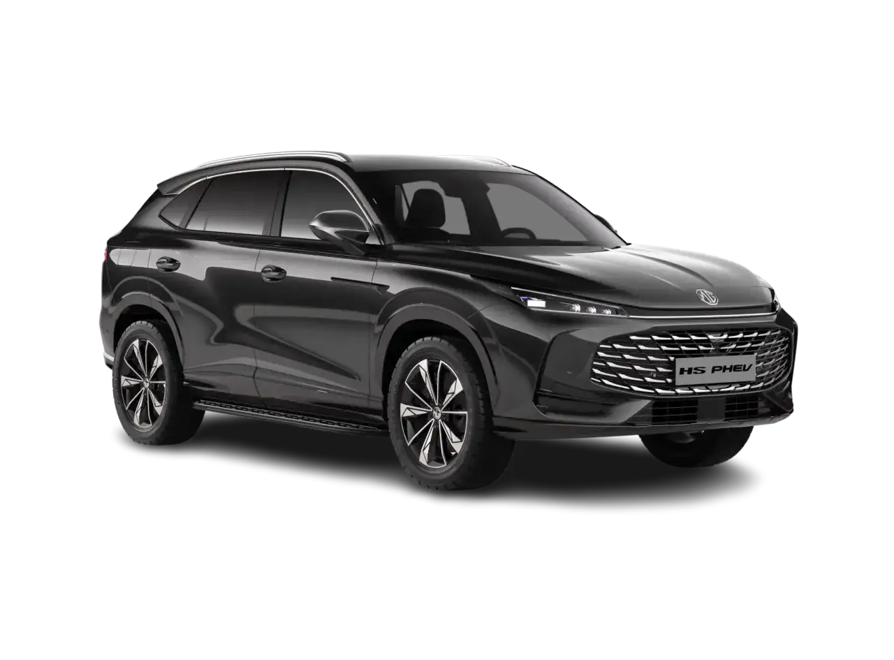 Ciemnoszary MG HS PHEV 2025 z chromowaną atrapą chłodnicy i felgami.