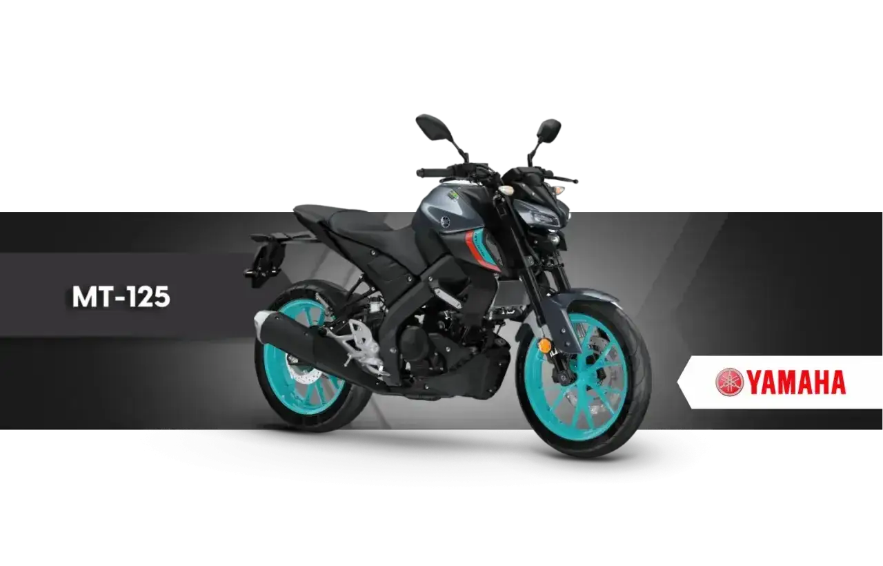 Szary motocykl Yamaha MT-125 z turkusowymi felgami, idealny na pierwsze prawo jazdy a1.