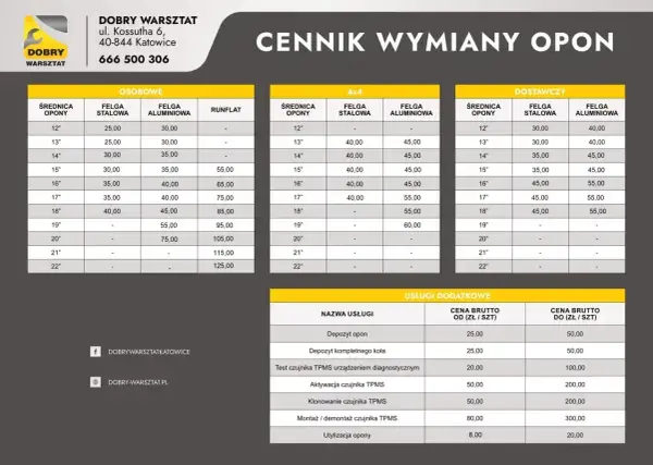Cennik wymiany opon w Dobrym Warsztacie. Sprawdź, ile kosztuje wymiana opon w zależności od rozmiaru i typu felgi.
