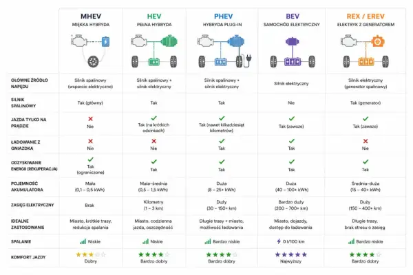 Porównanie typów napędów: MHEV, HEV, PHEV, BEV, REX/EREV. Sprawdź, która hybryda jest dla Ciebie najlepsza!